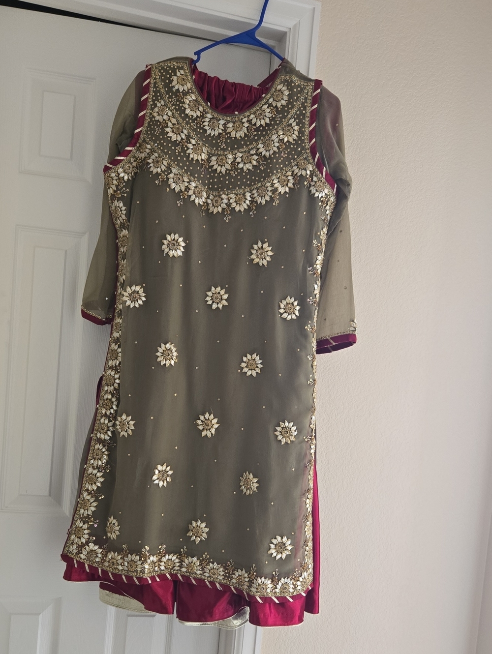 Embellished Olive & Maroon Women's Dress